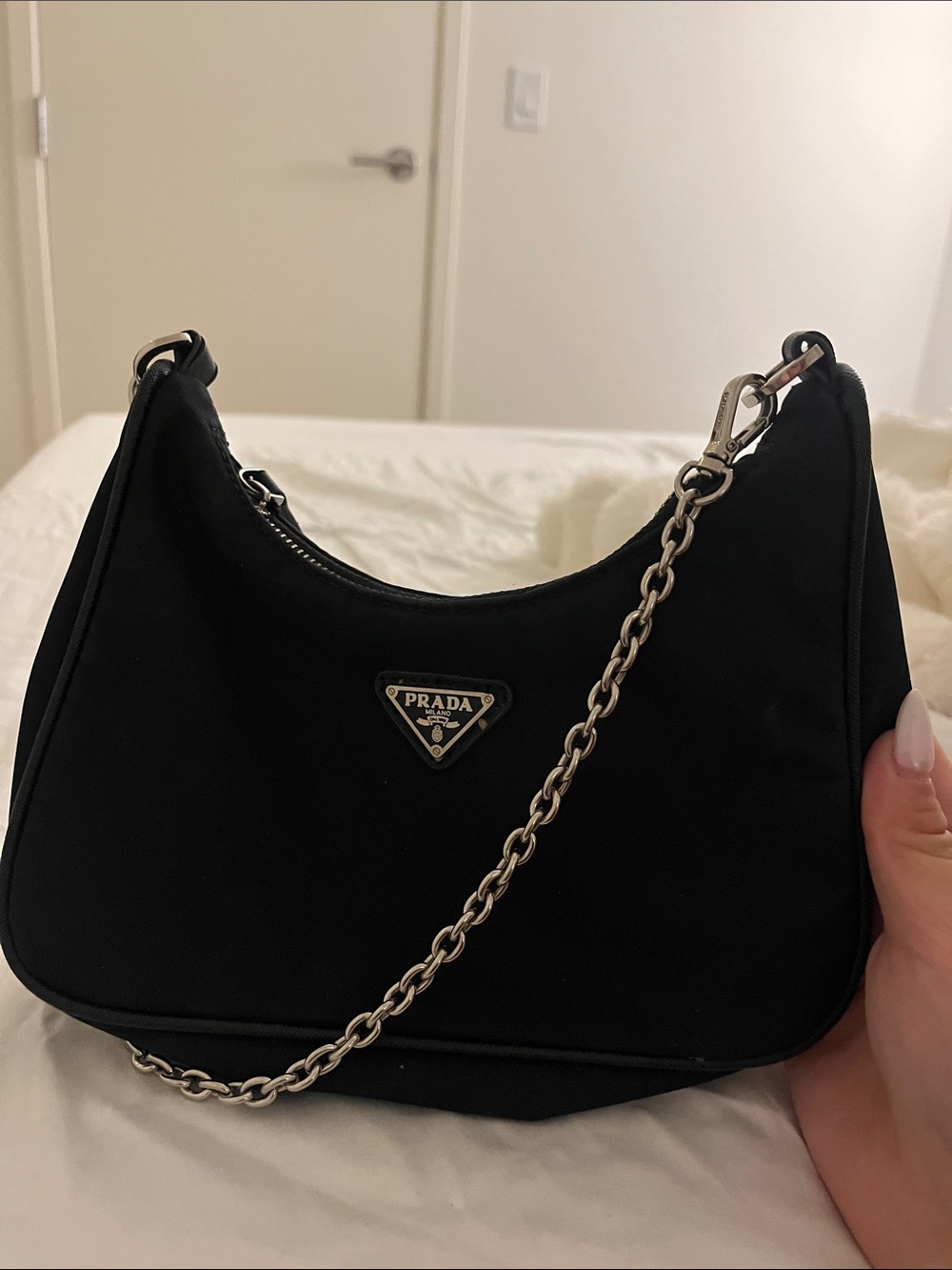 Prada Black Nylon Shoulder Bag with Silver Chain